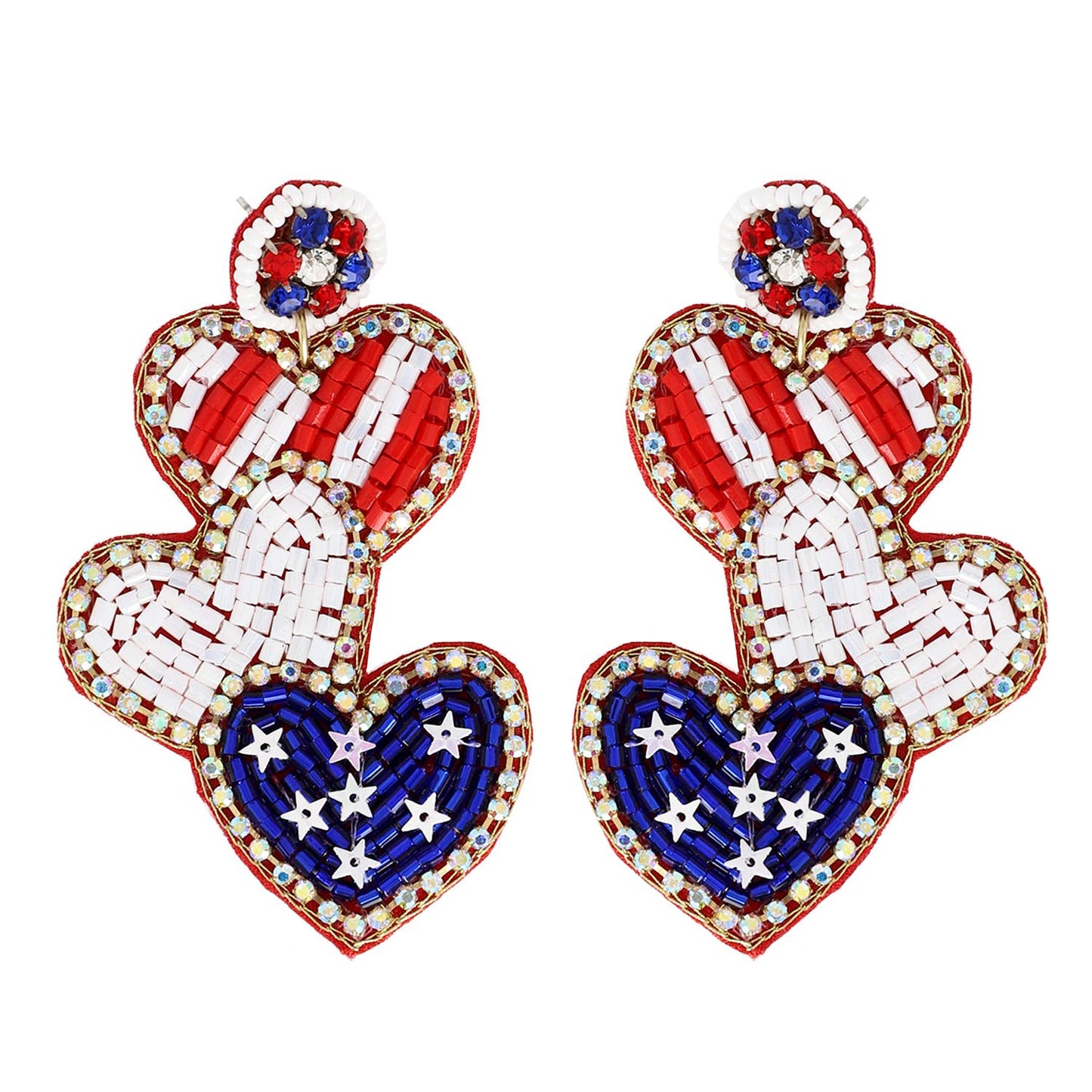 Patriotic USA Flag Heart Seed Beaded Earrings