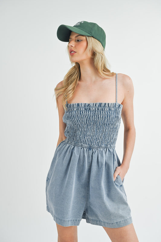 Lets Go Girls Denim Smocked Romper