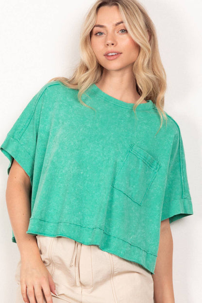 Green Oversized Washed Crop Knit Top