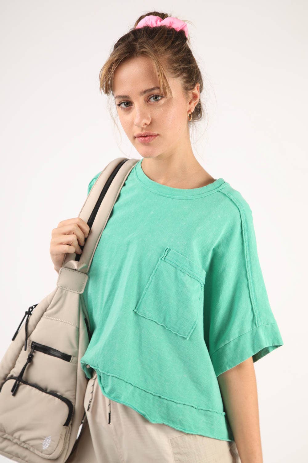 Green Oversized Washed Crop Knit Top