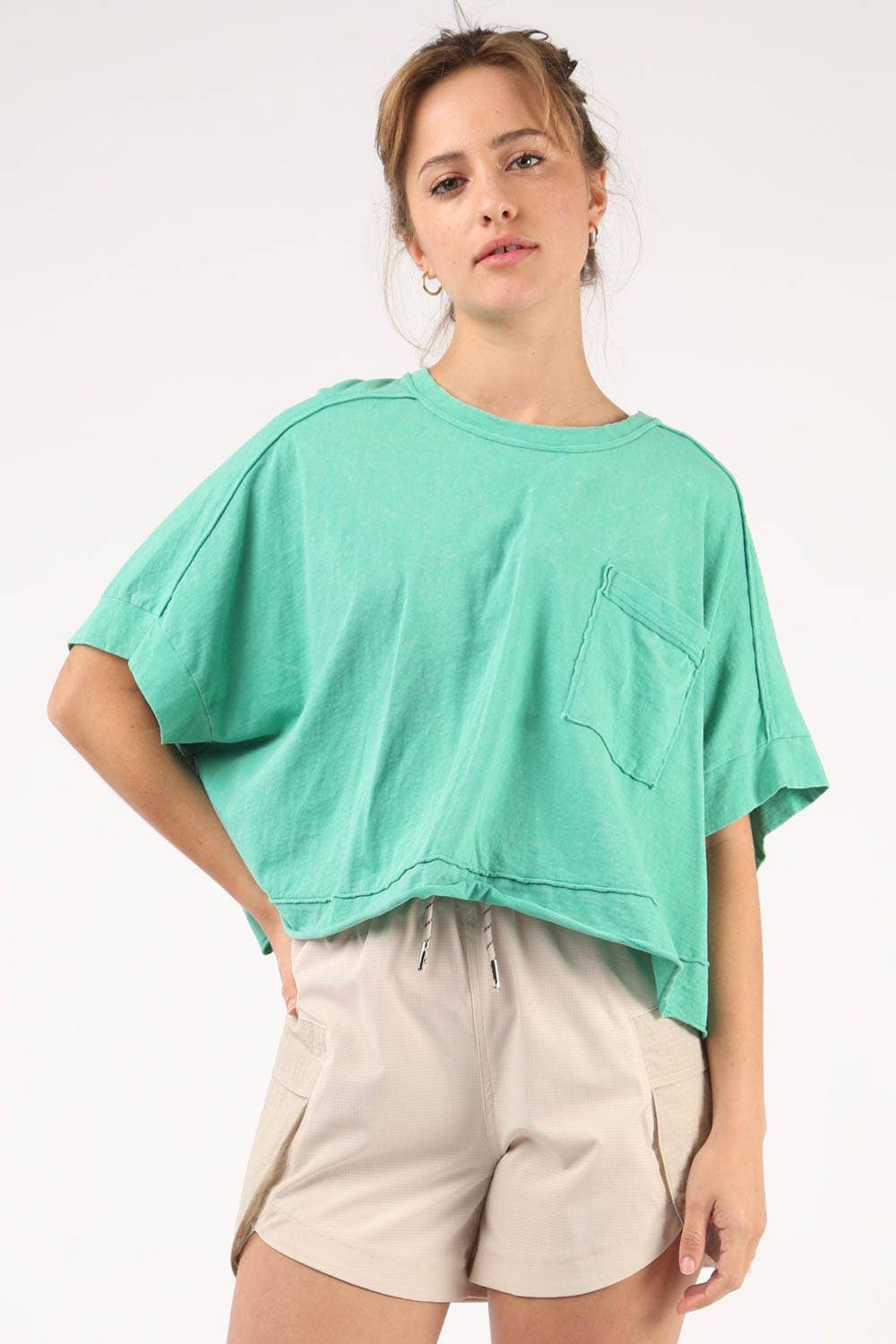 Green Oversized Washed Crop Knit Top