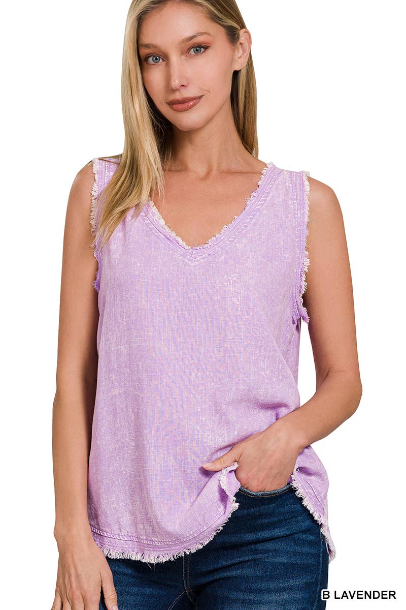 LINEN FRAYED V-NECK SLEEVELESS TOP-LAVENDER