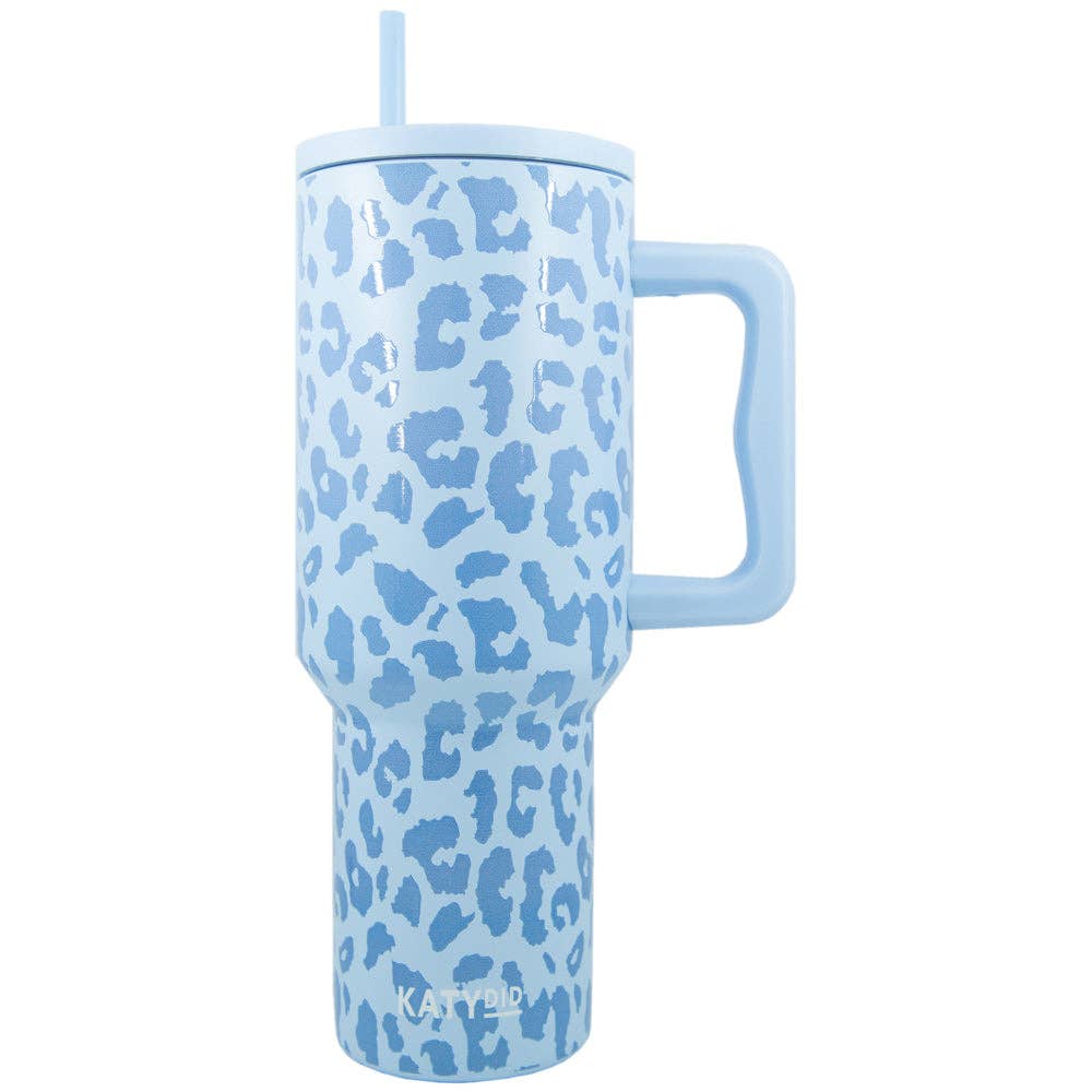 Light Blue Leopard 38 Oz Tumbler Cup w/ Handle