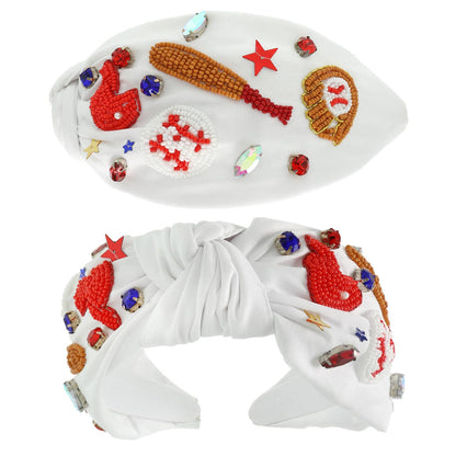 Baseball Top Knotted Jeweled Beaded Headband : White