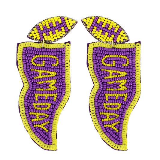 Game Day Letter Beaded Sequins Flag Post Earrings : Purple