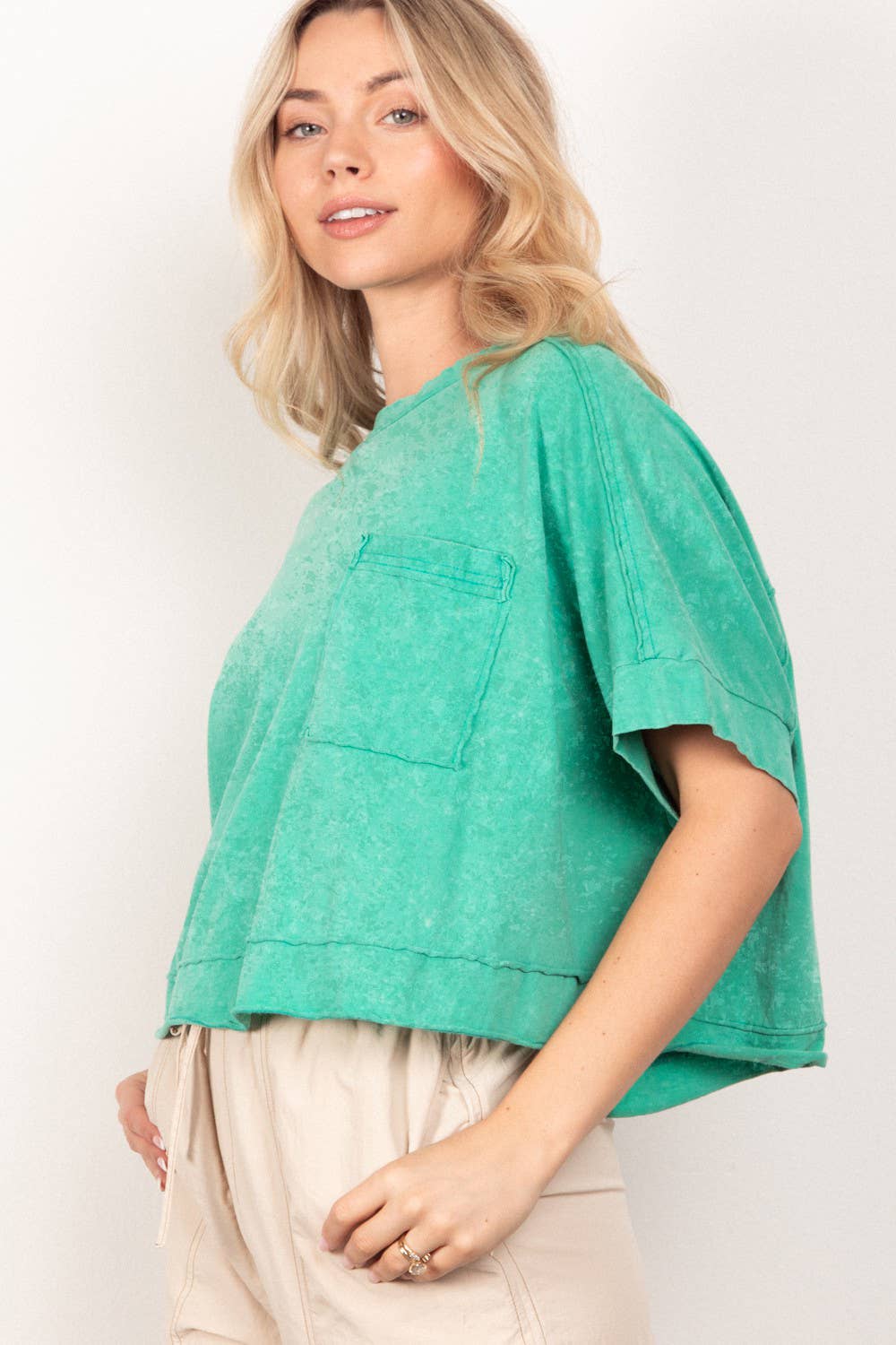 Green Oversized Washed Crop Knit Top