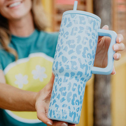 Light Blue Leopard 38 Oz Tumbler Cup w/ Handle