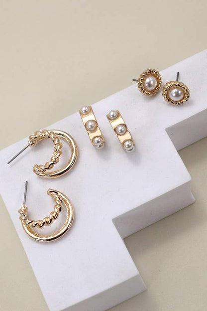 Gold Pearl Hoop Earring Trio