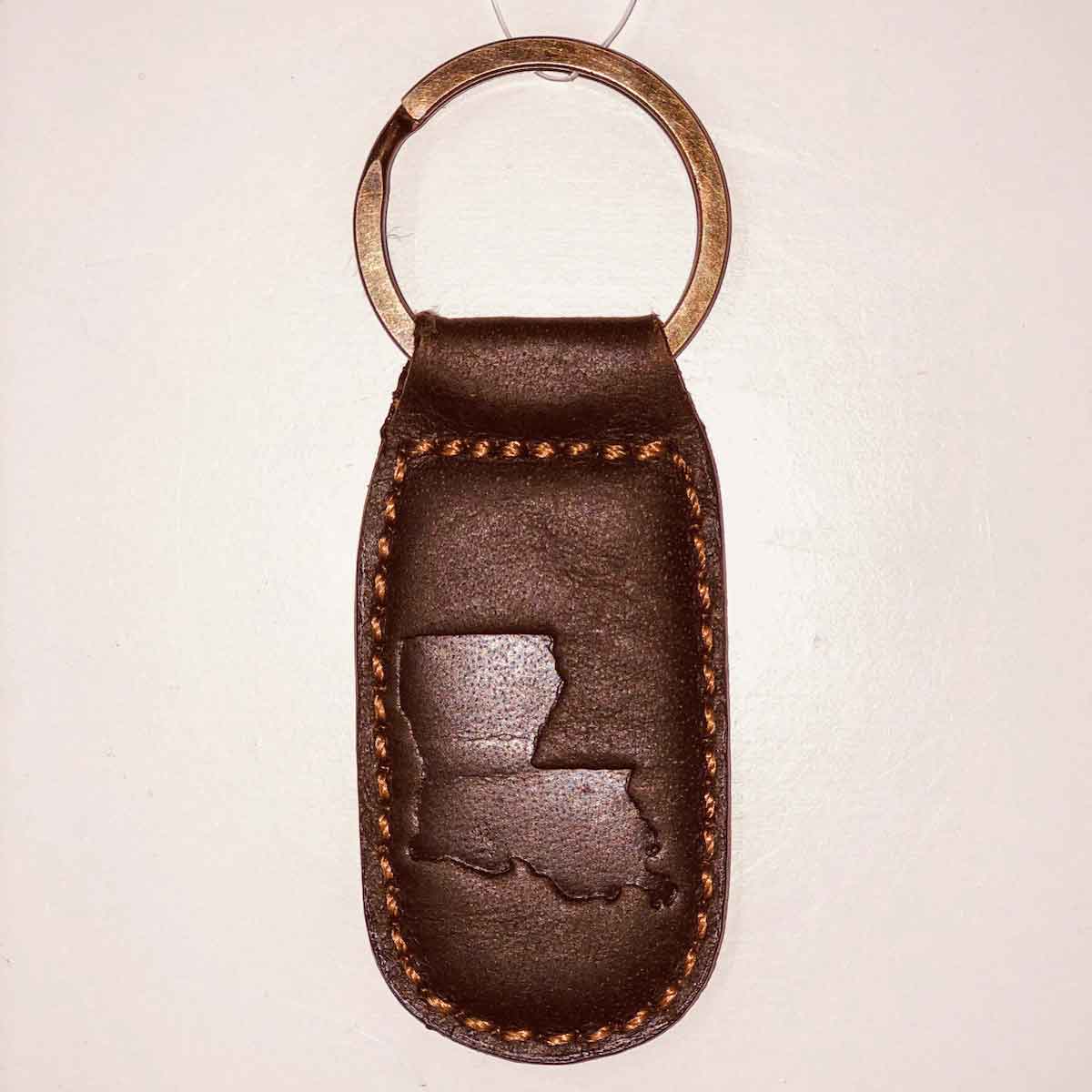 Louisiana Leather Embossed Keychain   Dark Brown   1.35x2.55