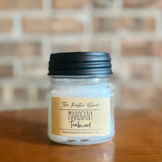 Mahogany Teakwood Mason Jar Candle | Hand-poured Candles | 8 oz Mason Jar Candle